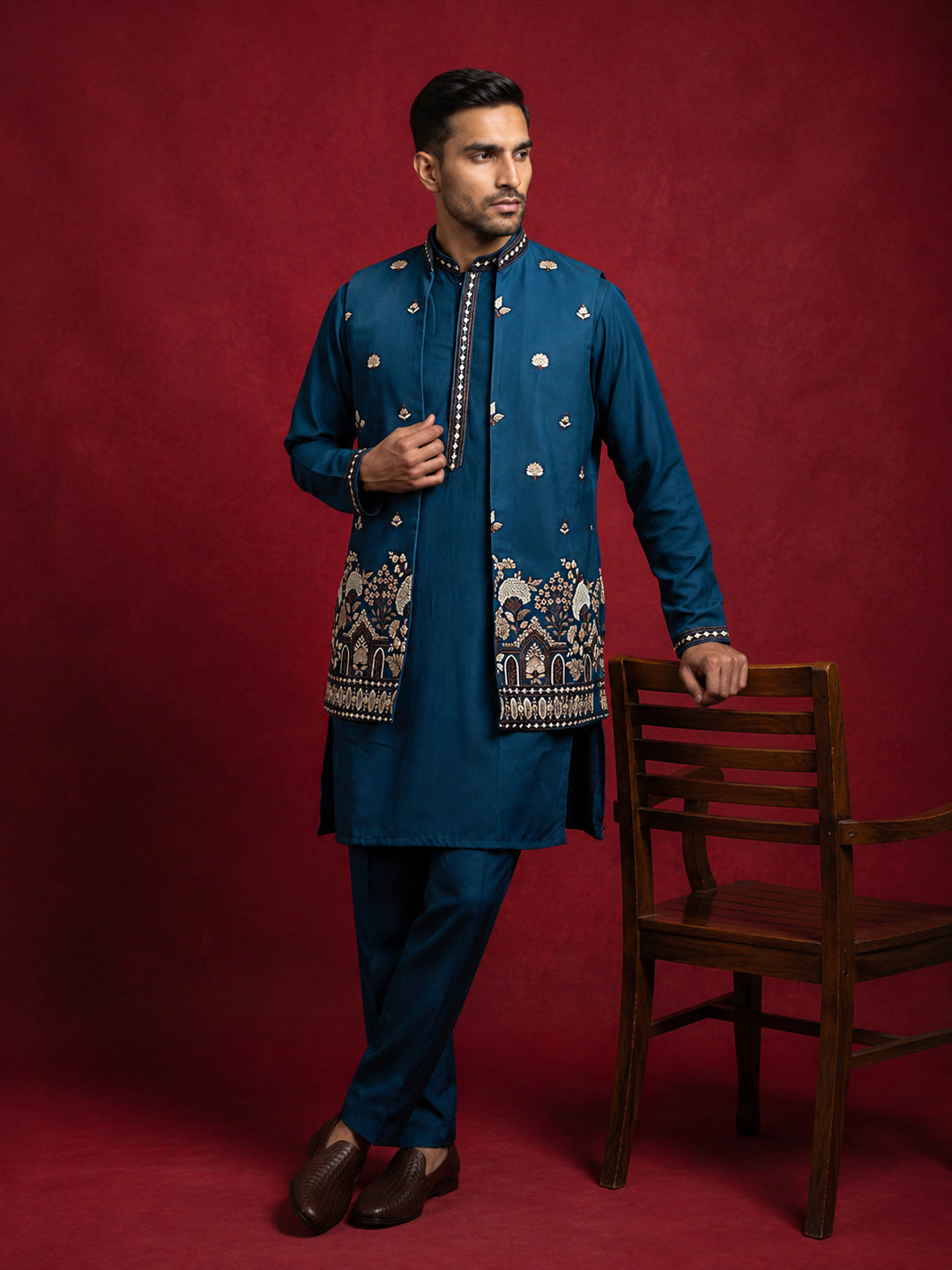 Japanese Fabric Embroidered Kurta &amp; Waistcoat Set