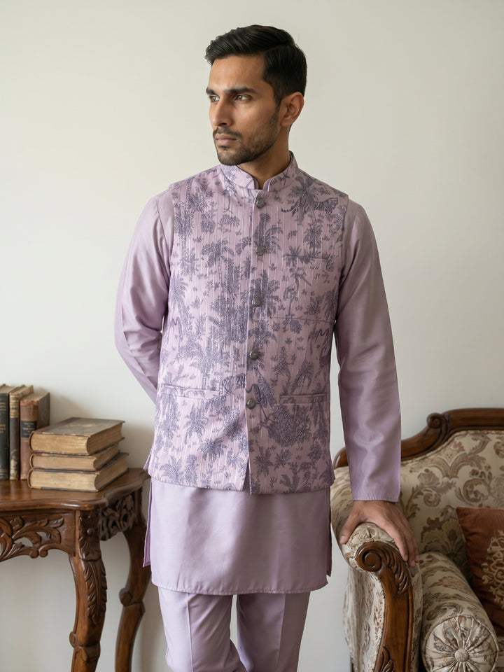 Printed Cotton Blend Nehru Jacket With Kurta &amp; Pyjama Set