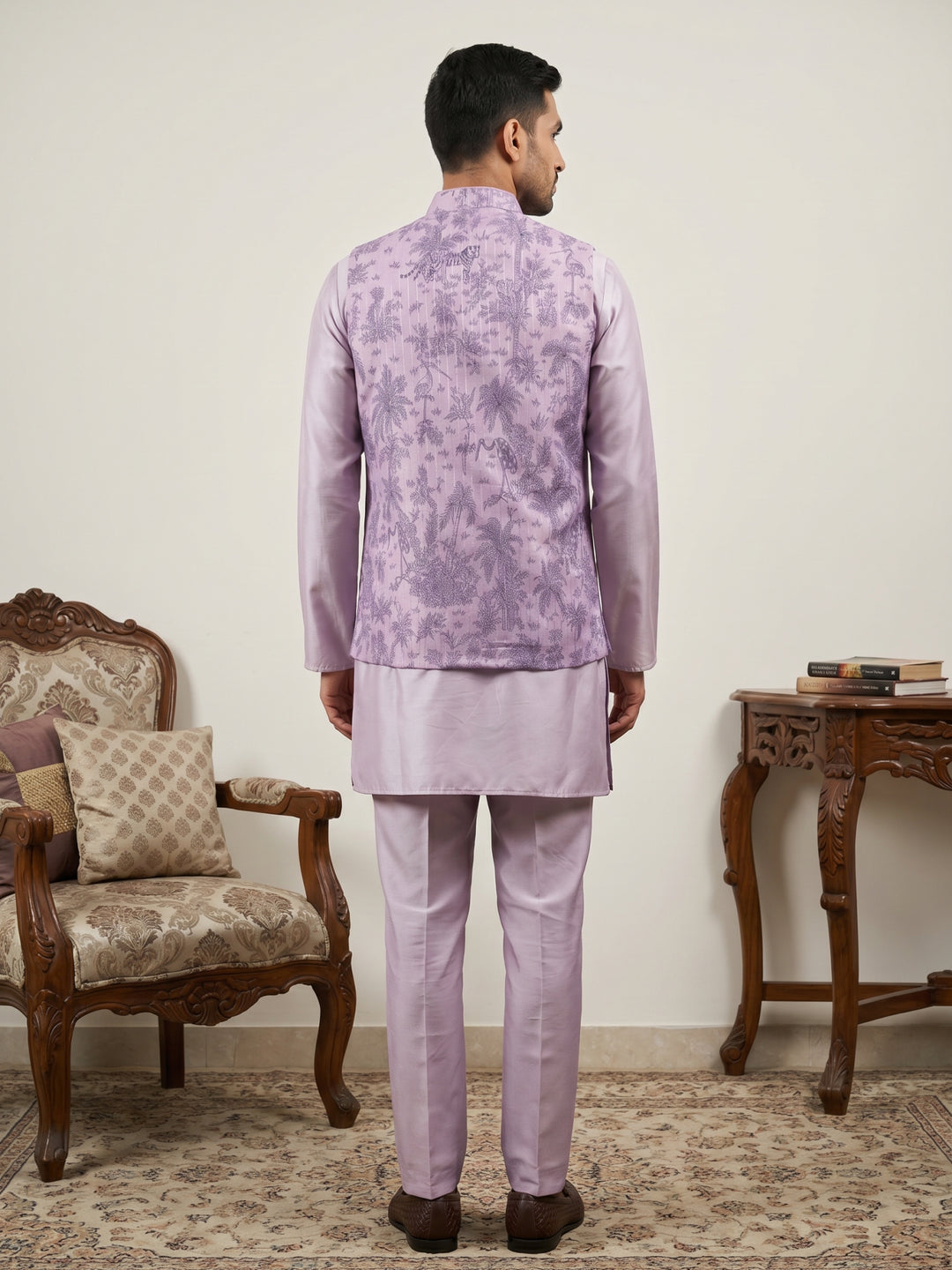Printed Cotton Blend Nehru Jacket With Kurta &amp; Pyjama Set