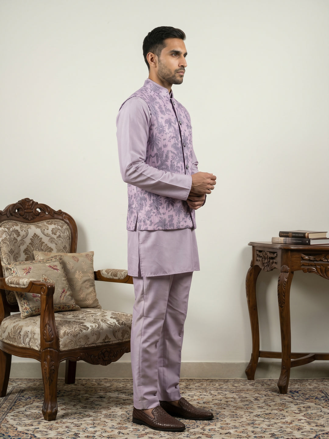 Printed Cotton Blend Nehru Jacket With Kurta &amp; Pyjama Set