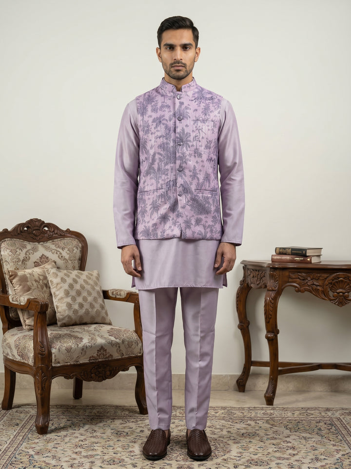 Printed Cotton Blend Nehru Jacket With Kurta &amp; Pyjama Set