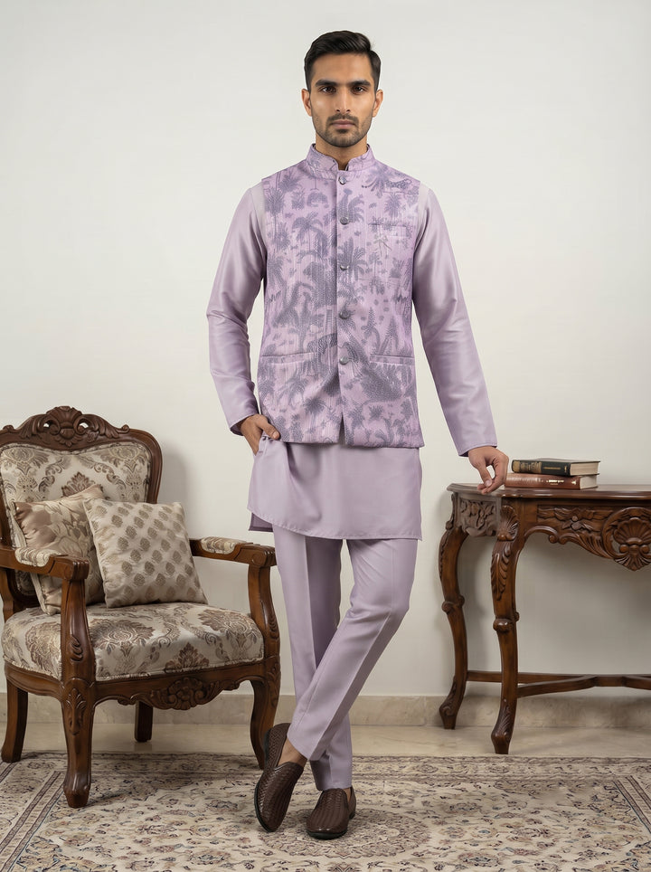 Printed Cotton Blend Nehru Jacket With Kurta &amp; Pyjama Set