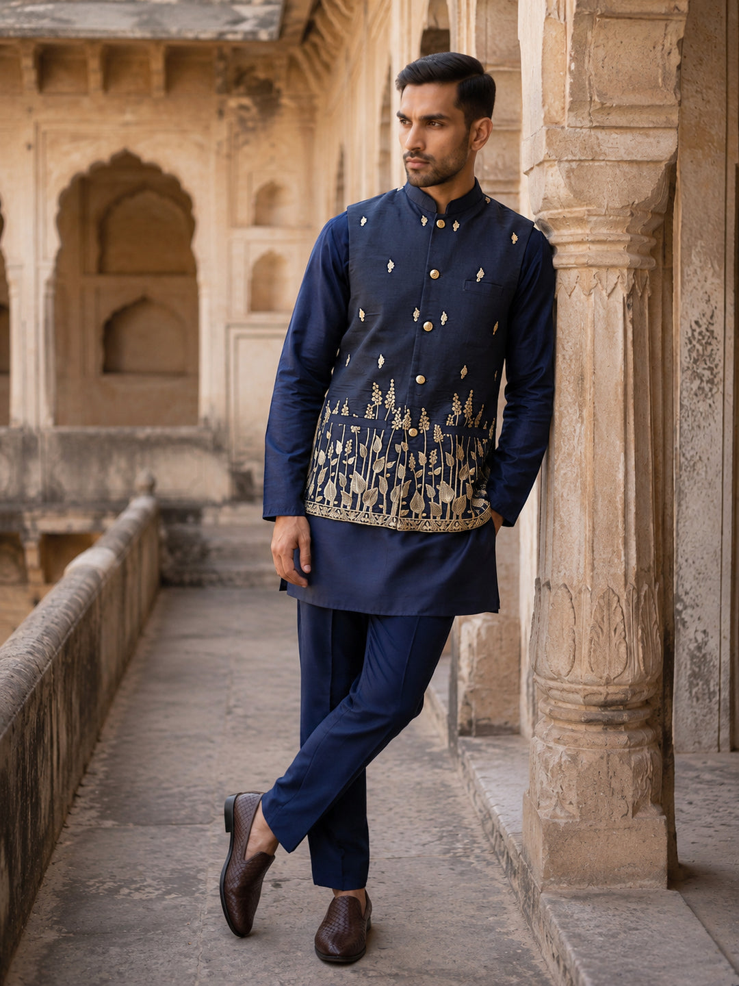Embroidered Nehru Jacket With Kurta Pyjama Set