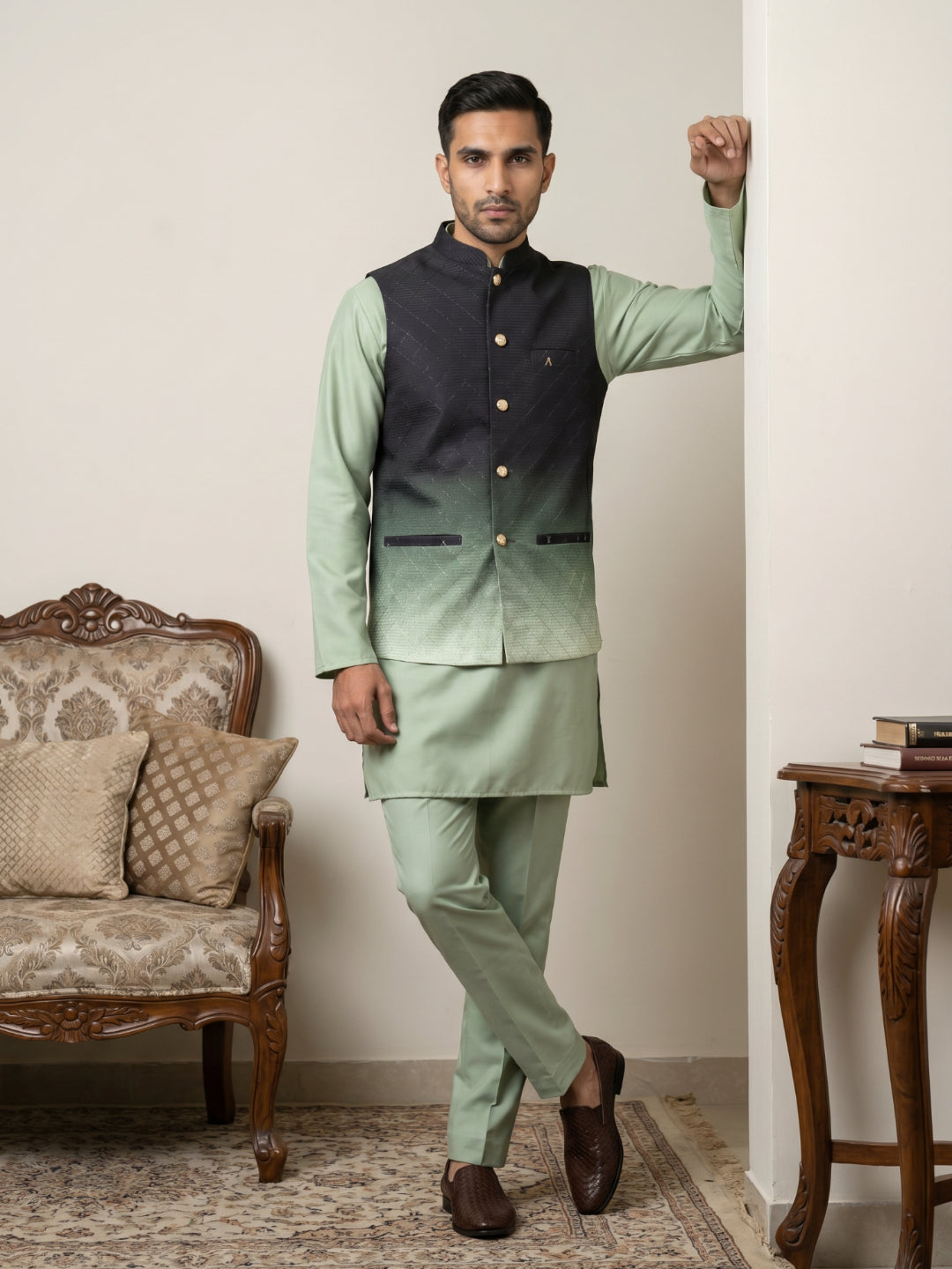 Men Ombre Cotton Blend Nehru Jacket With Kurta Set