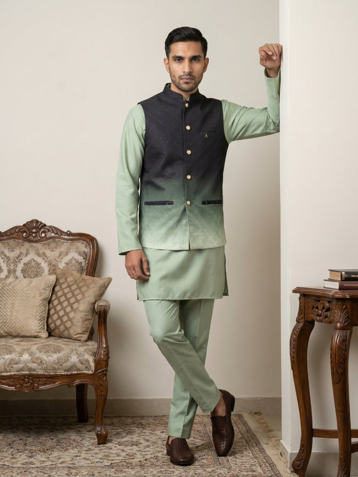 Men Ombre Cotton Blend Nehru Jacket With Kurta Set