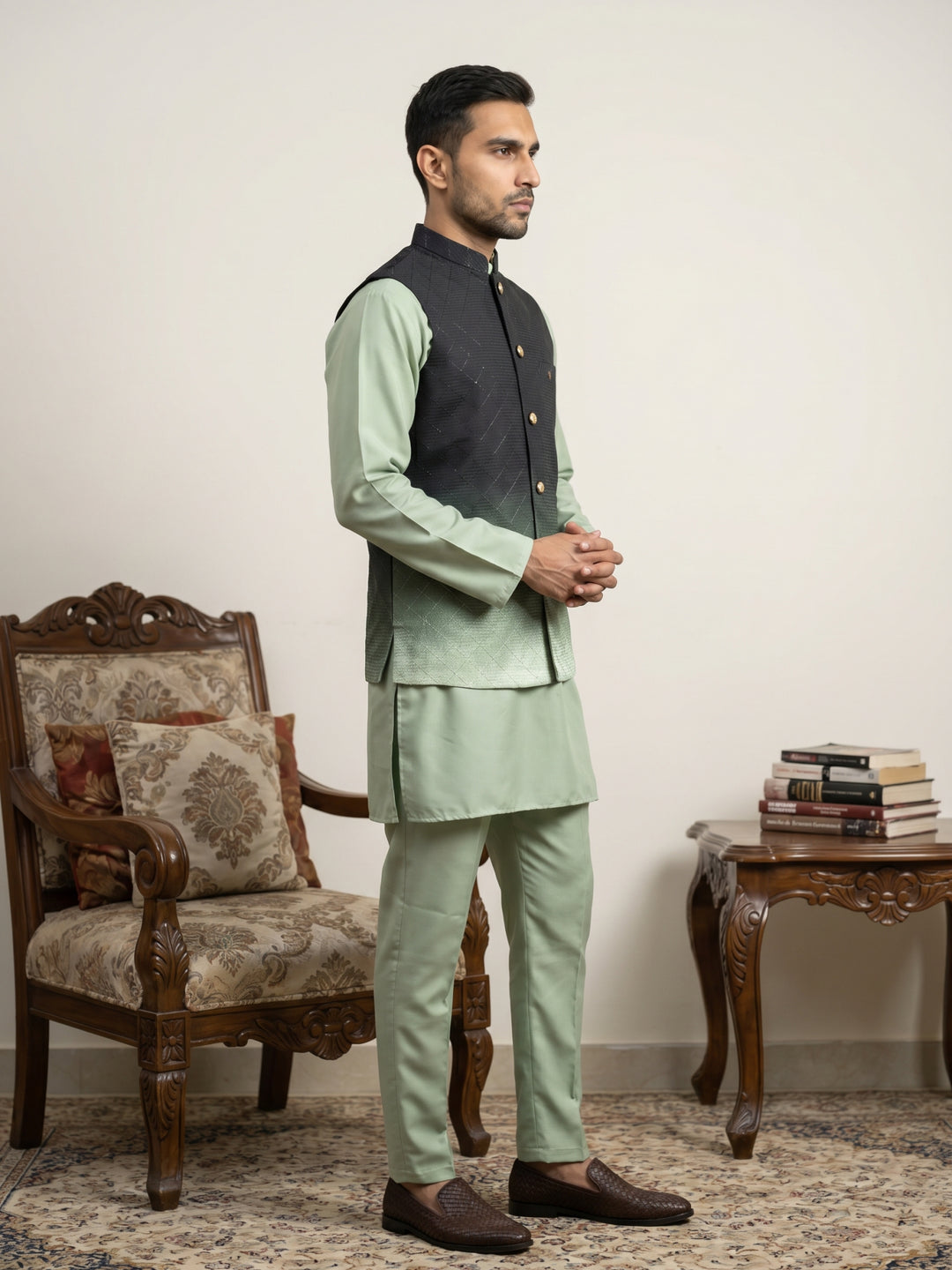 Men Ombre Cotton Blend Nehru Jacket With Kurta Set