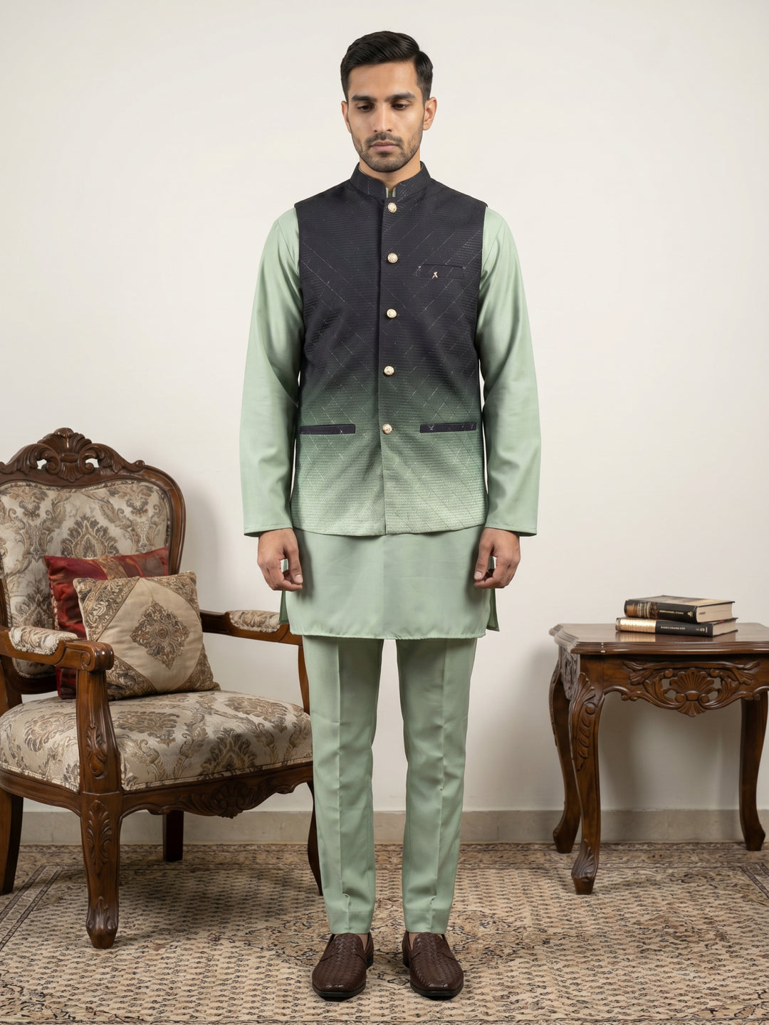 Men Ombre Cotton Blend Nehru Jacket With Kurta Set