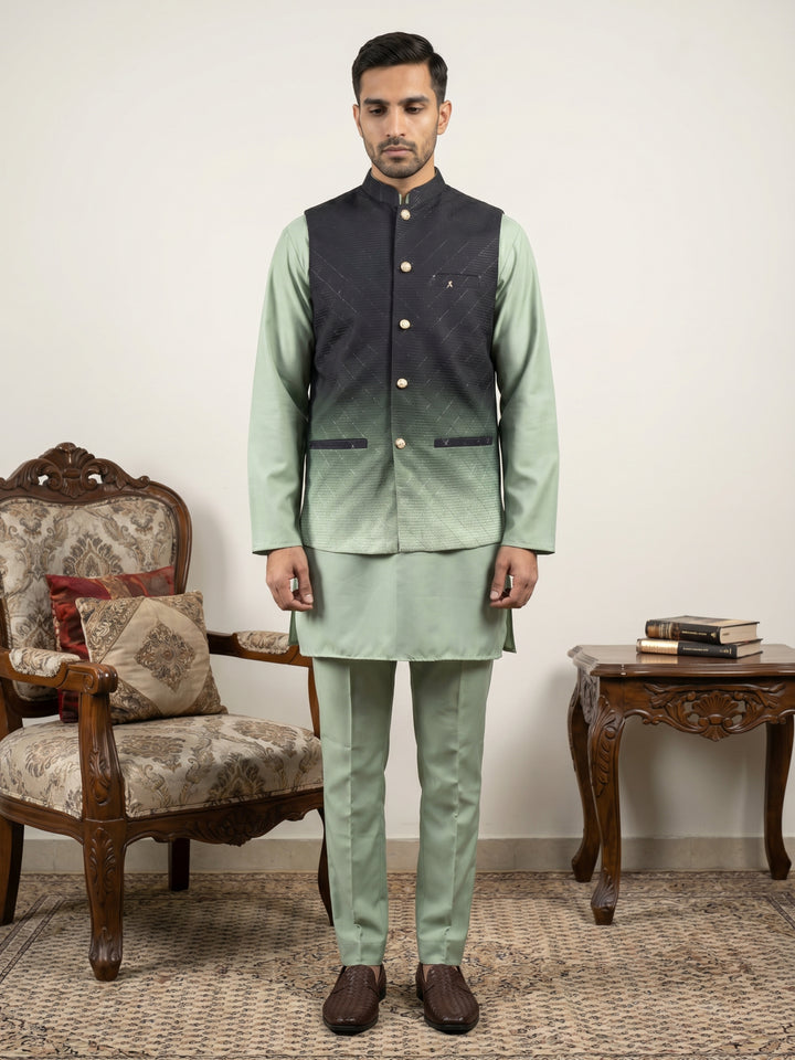 Men Ombre Cotton Blend Nehru Jacket With Kurta Set