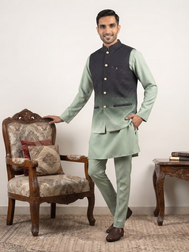Men Ombre Cotton Blend Nehru Jacket With Kurta Set