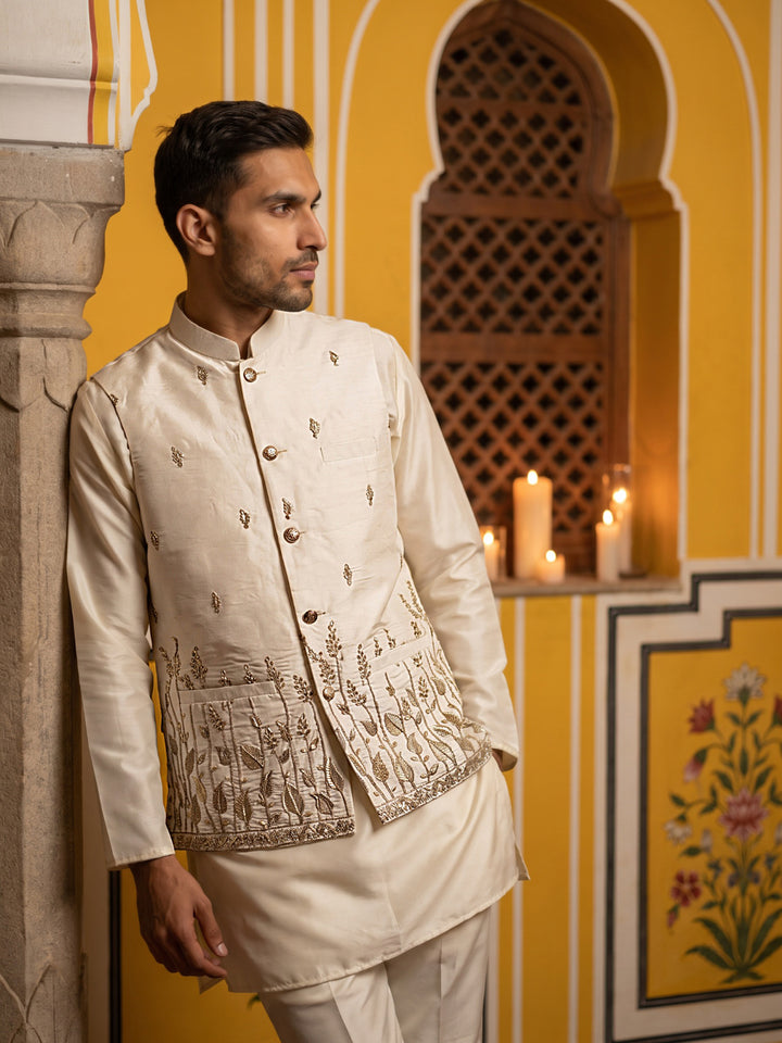 Embroidered Nehru Jacket With Kurta Pyjama Set
