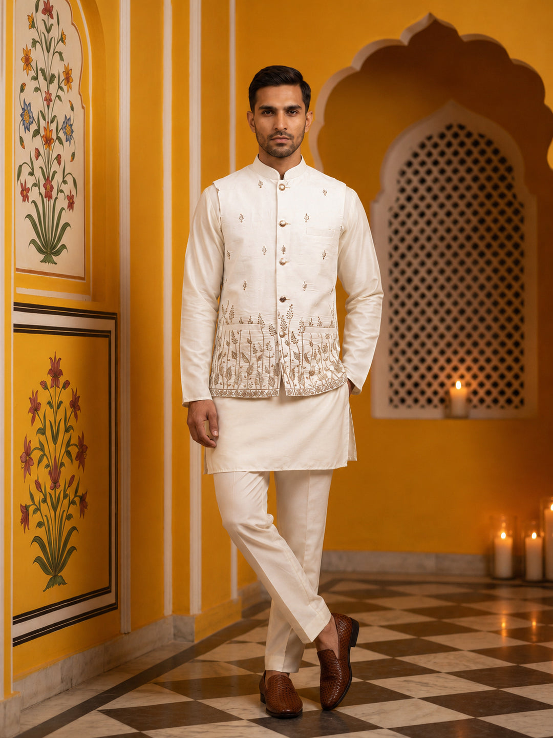Embroidered Nehru Jacket With Kurta Pyjama Set