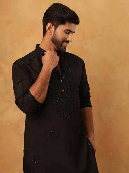 Silk Blend Embroidered Kurta Pyjama Set For Men