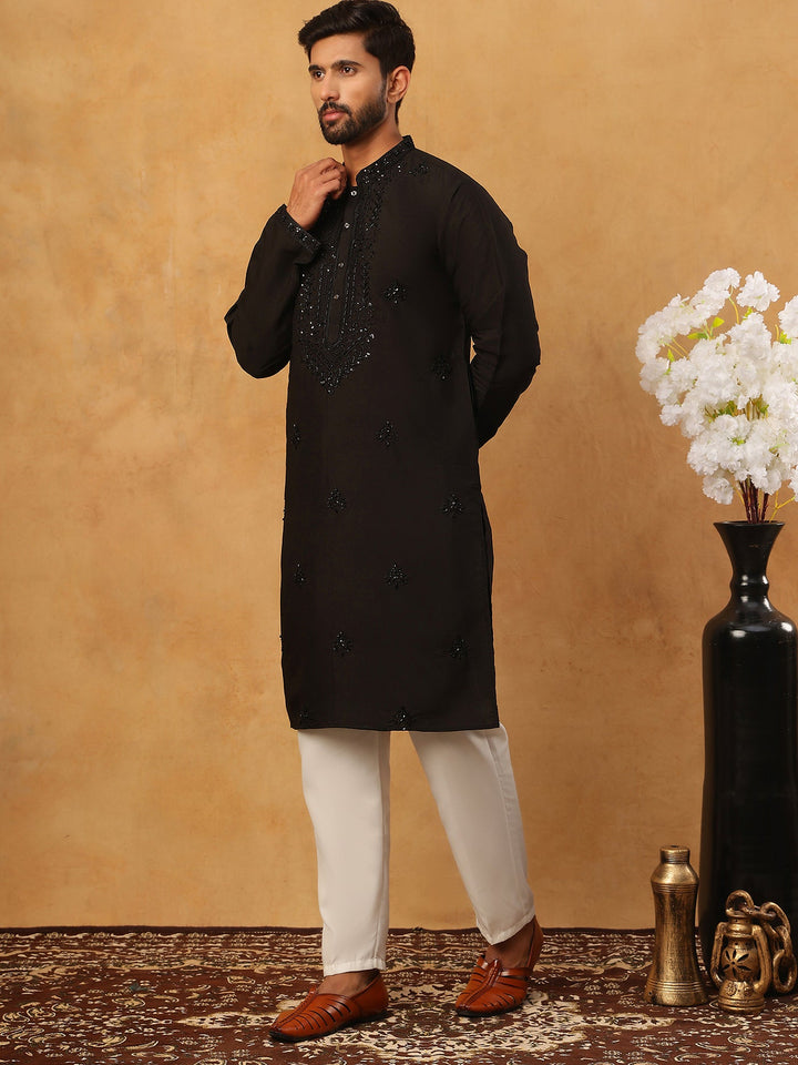 Silk Blend Embroidered Kurta Pyjama Set For Men