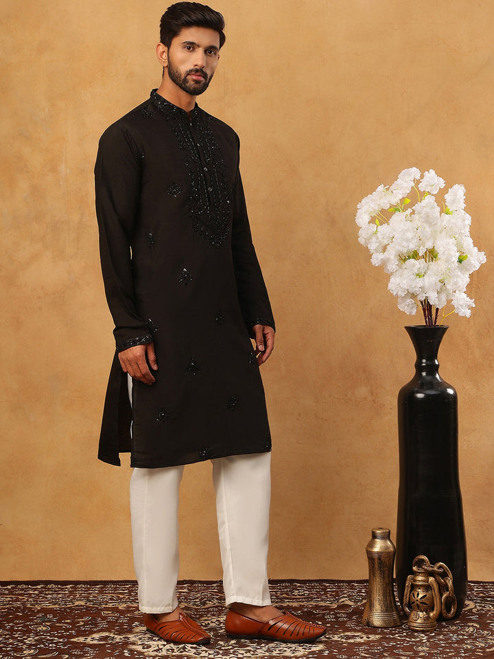 Silk Blend Embroidered Kurta Pyjama Set For Men