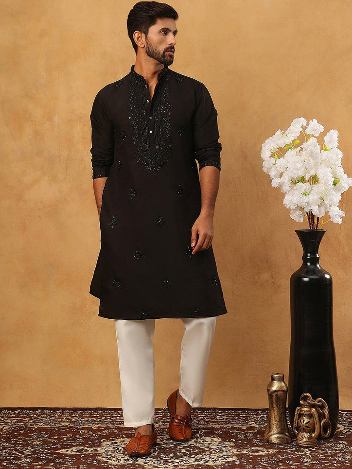Silk Blend Embroidered Kurta Pyjama Set For Men