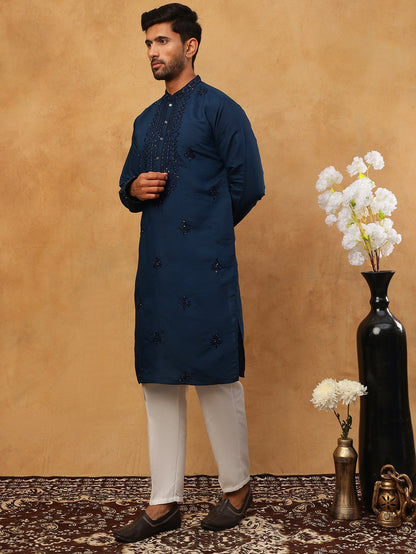 Silk Blend Embroidered Kurta Pyjama Set For Men