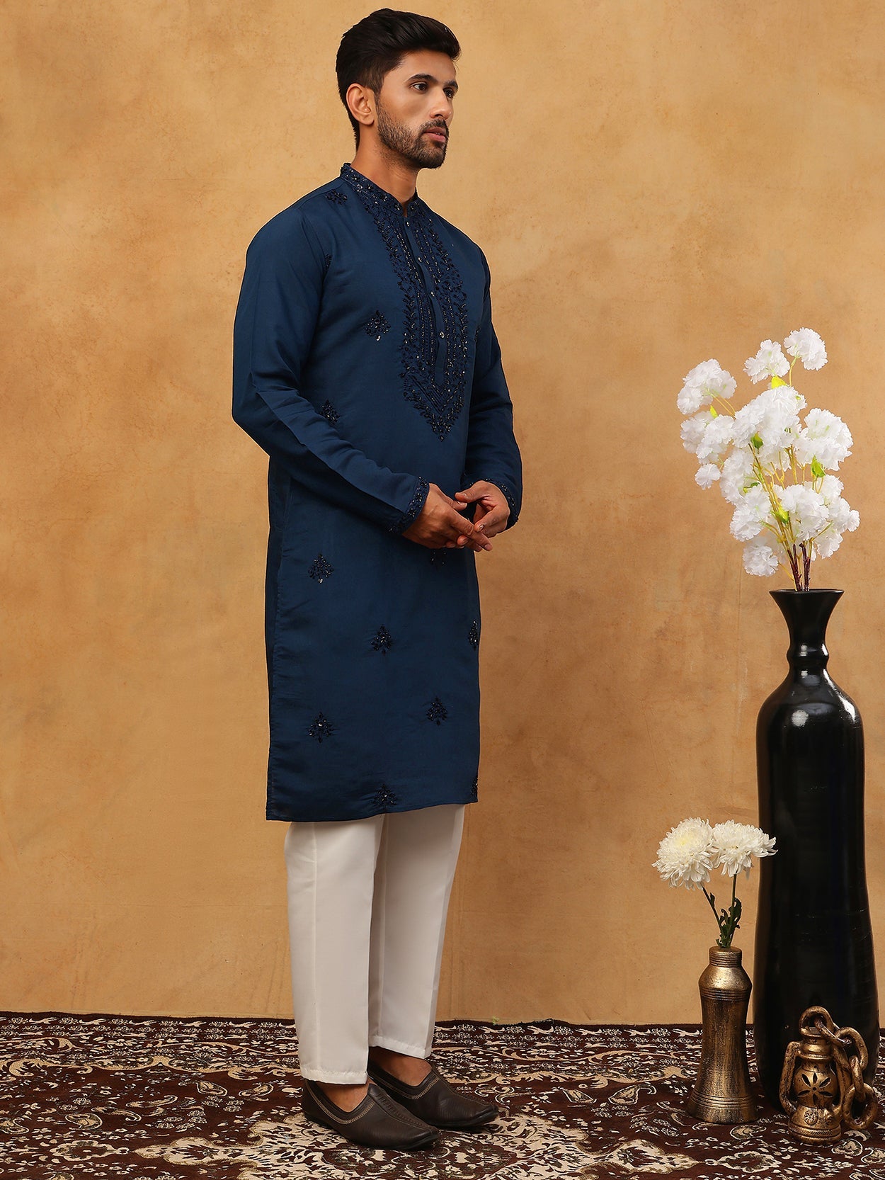 Silk Blend Embroidered Kurta Pyjama Set For Men