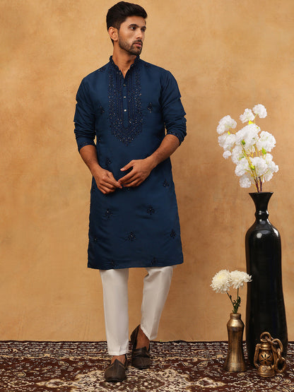 Silk Blend Embroidered Kurta Pyjama Set For Men