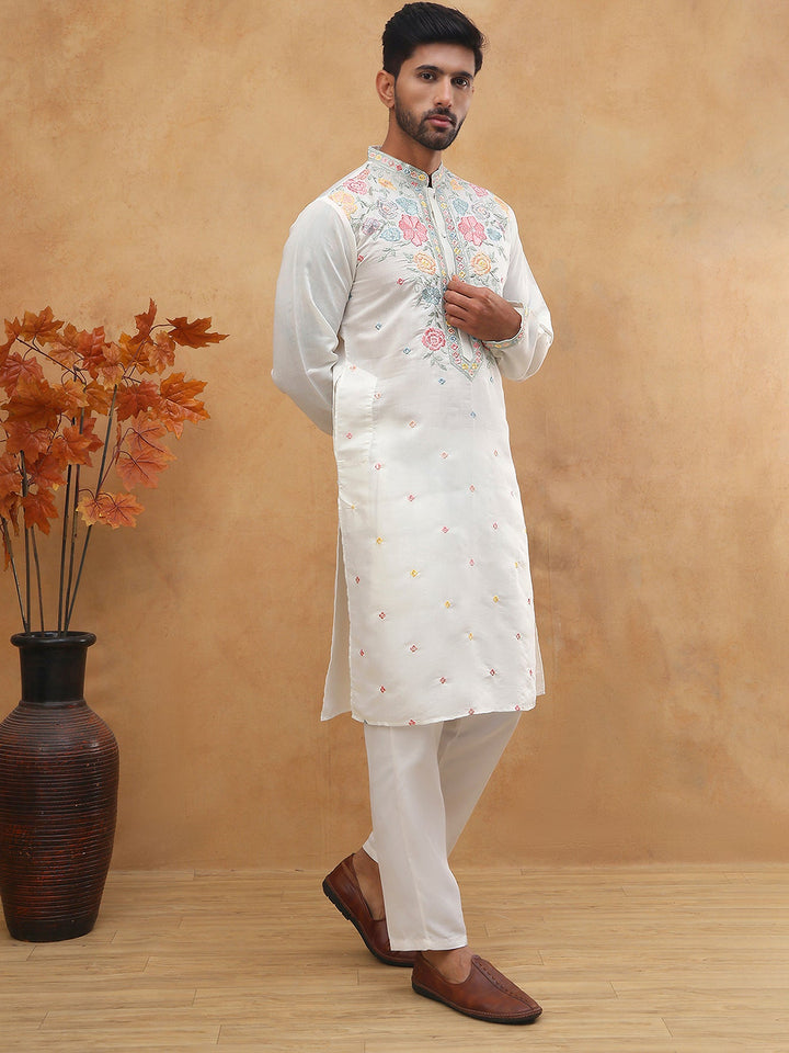 Silk Blend Embroidered Kurta Pyjama