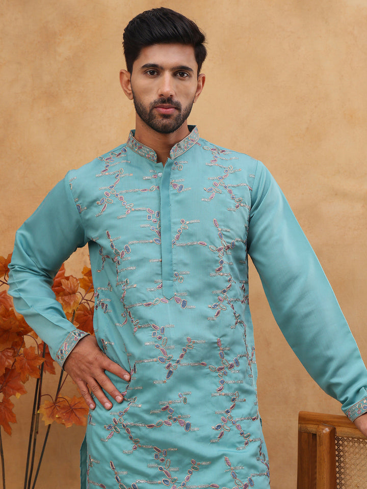 Embroidered Silk Blend Kurta Pyjama Set