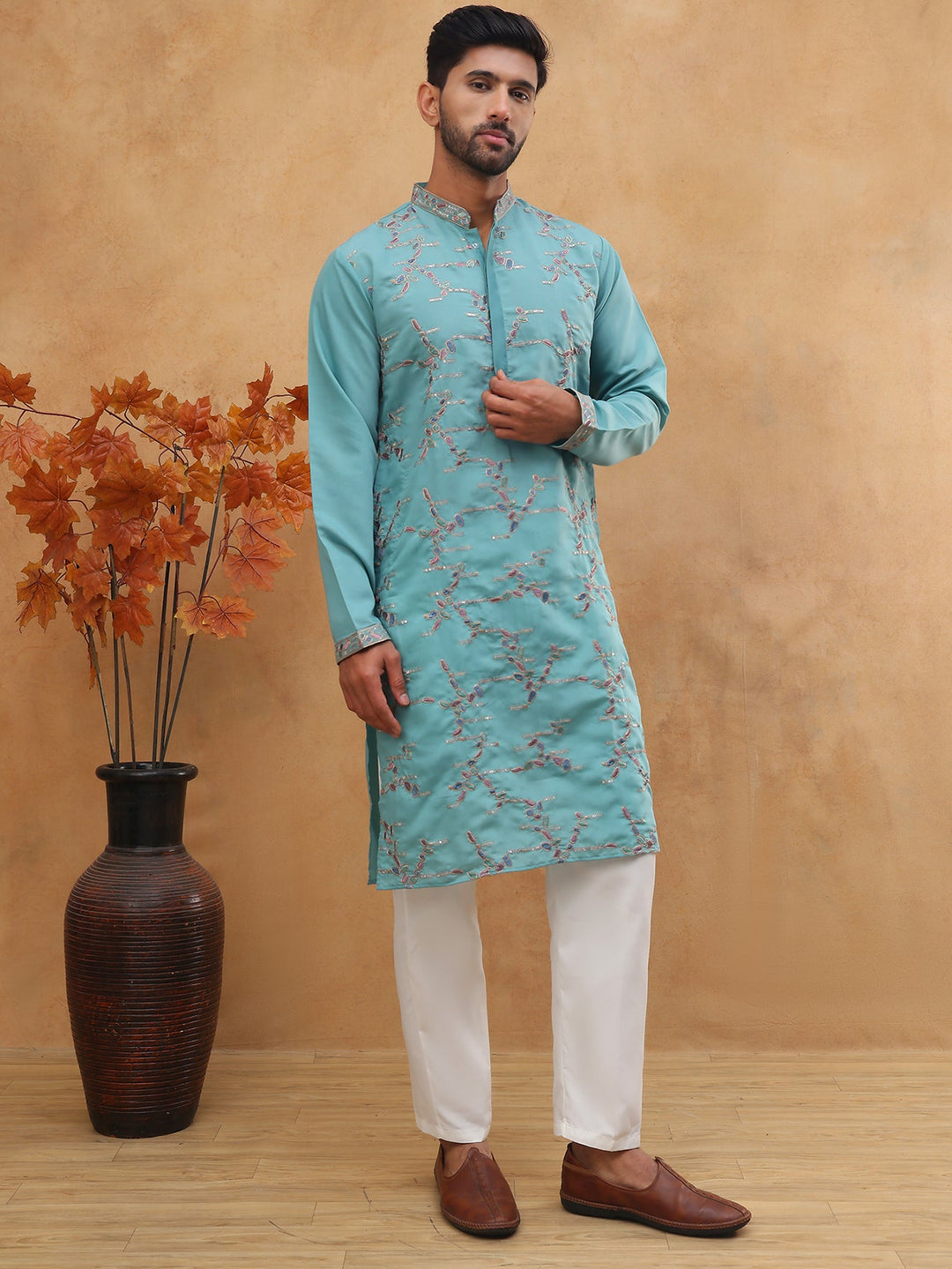 Embroidered Silk Blend Kurta Pyjama Set
