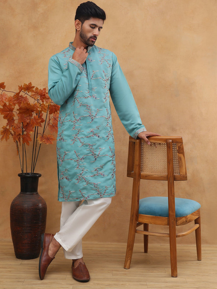 Embroidered Silk Blend Kurta Pyjama Set