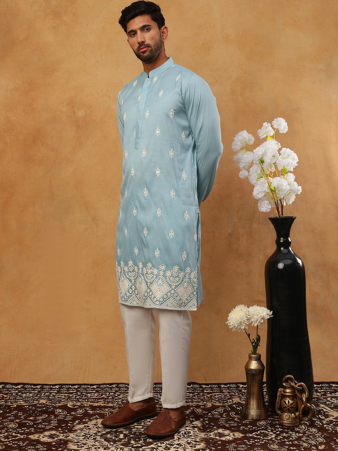 Traditional Silk Blend Embroidered Kurta Pyjama