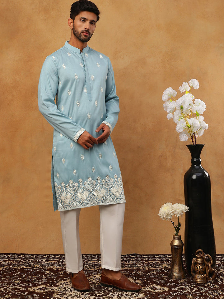 Traditional Silk Blend Embroidered Kurta Pyjama