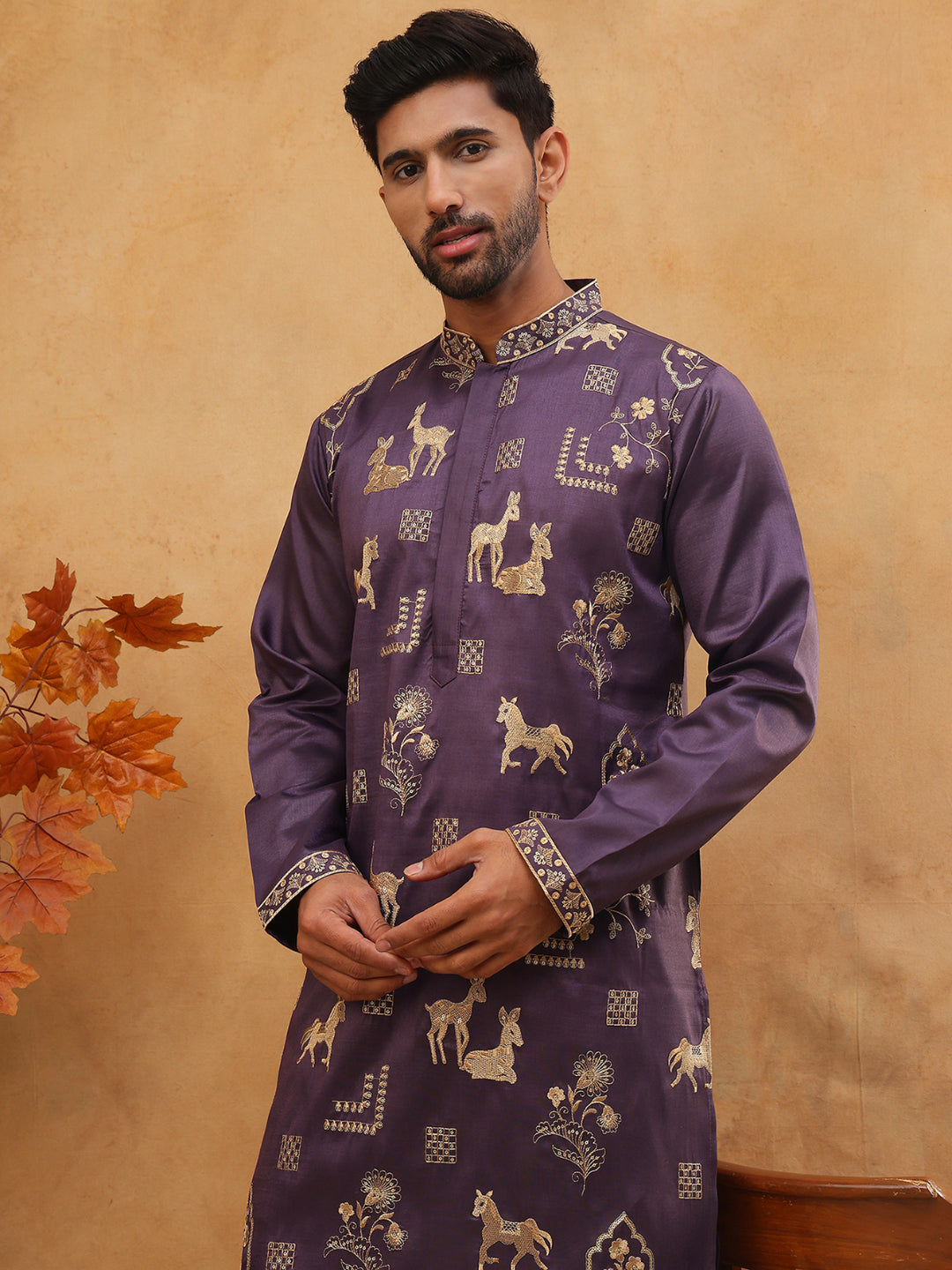 Men Silk Blend Kurta Pyjama With Embroidery