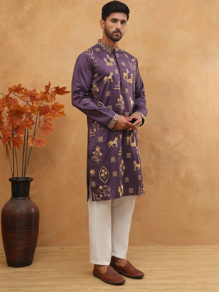 Men Silk Blend Kurta Pyjama With Embroidery
