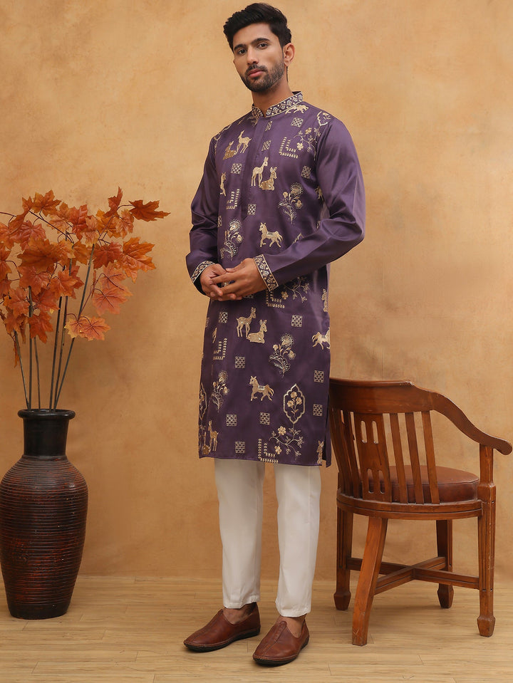 Men Silk Blend Kurta Pyjama With Embroidery