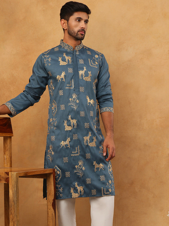 Men Silk Blend Kurta Pyjama With Embroidery
