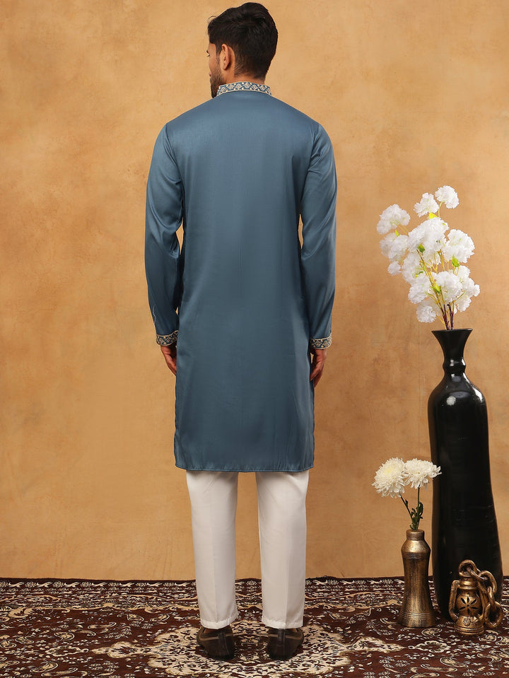Men Silk Blend Kurta Pyjama With Embroidery