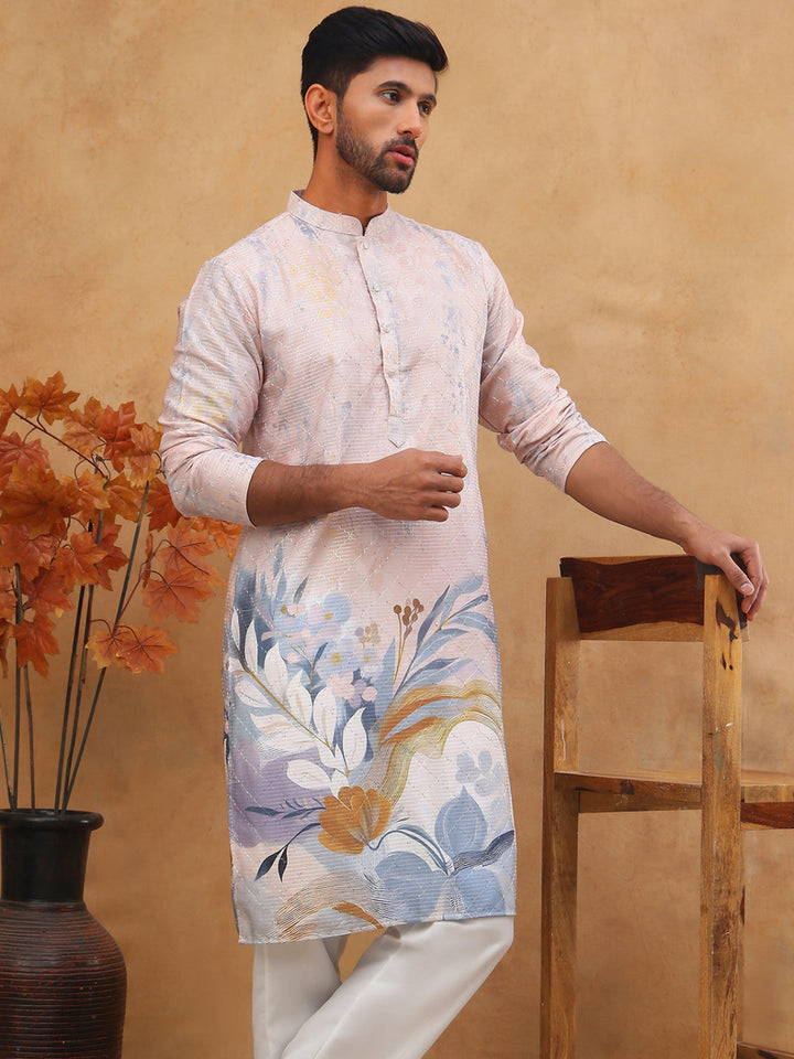 Printed Cotton Blend Kurta Pyjama With Thread Work