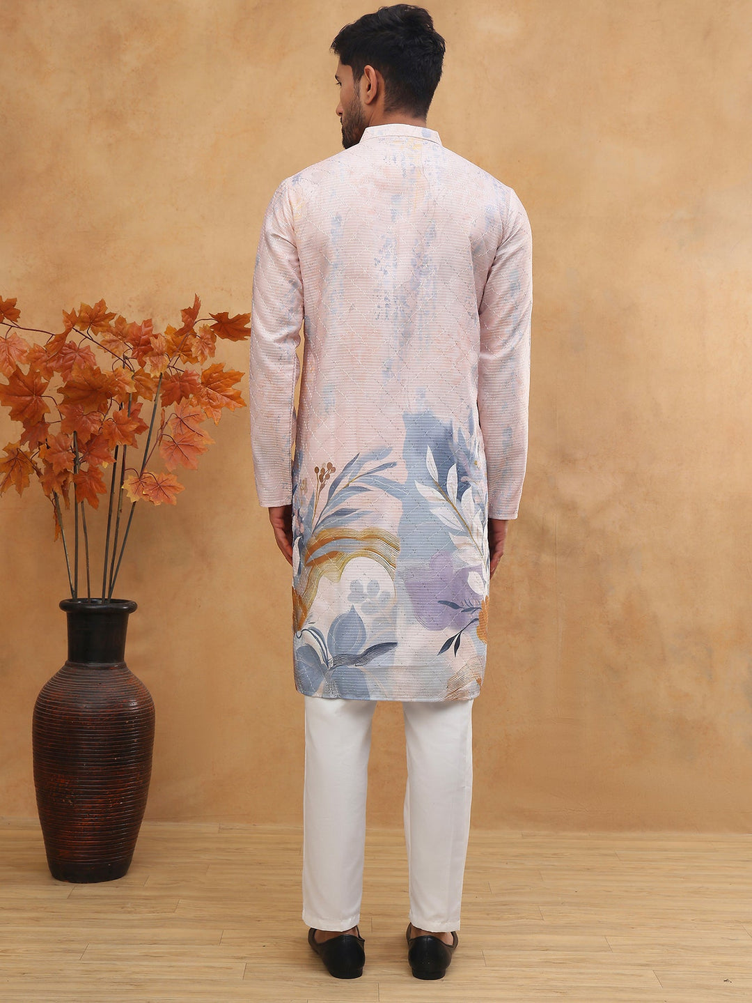 Printed Cotton Blend Kurta Pyjama With Thread Work