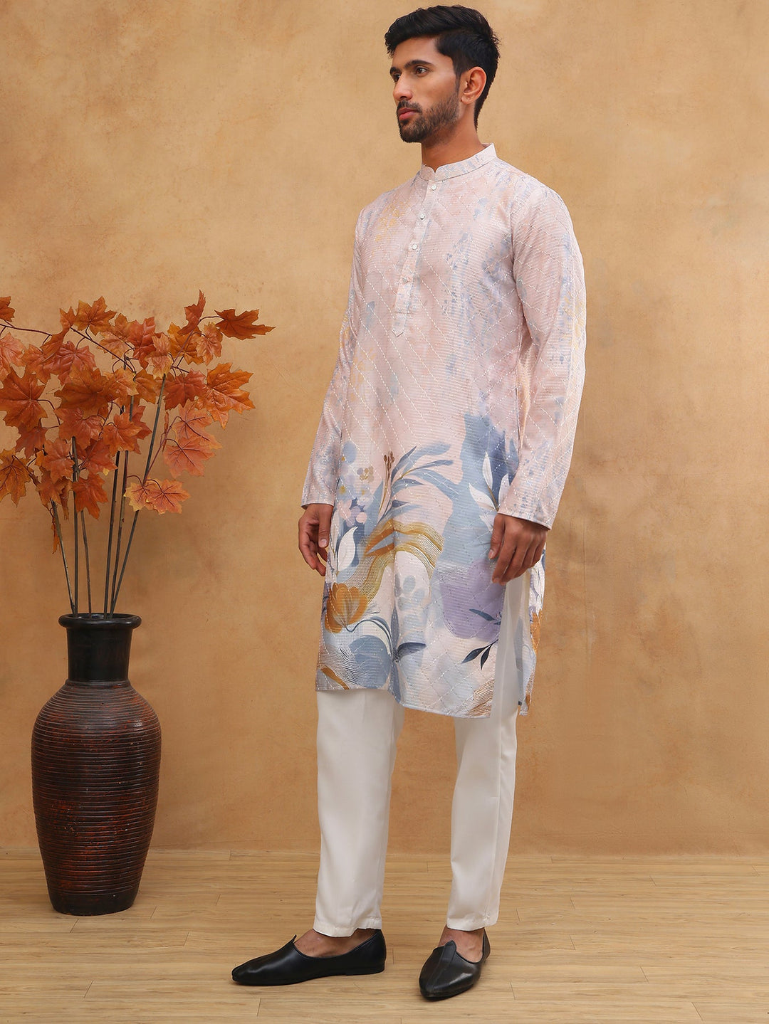 Printed Cotton Blend Kurta Pyjama With Thread Work