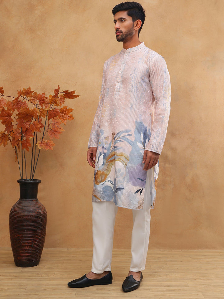 Printed Cotton Blend Kurta Pyjama With Thread Work