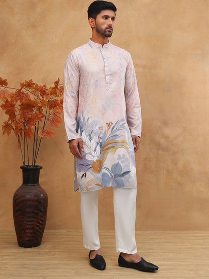 Printed Cotton Blend Kurta Pyjama With Thread Work