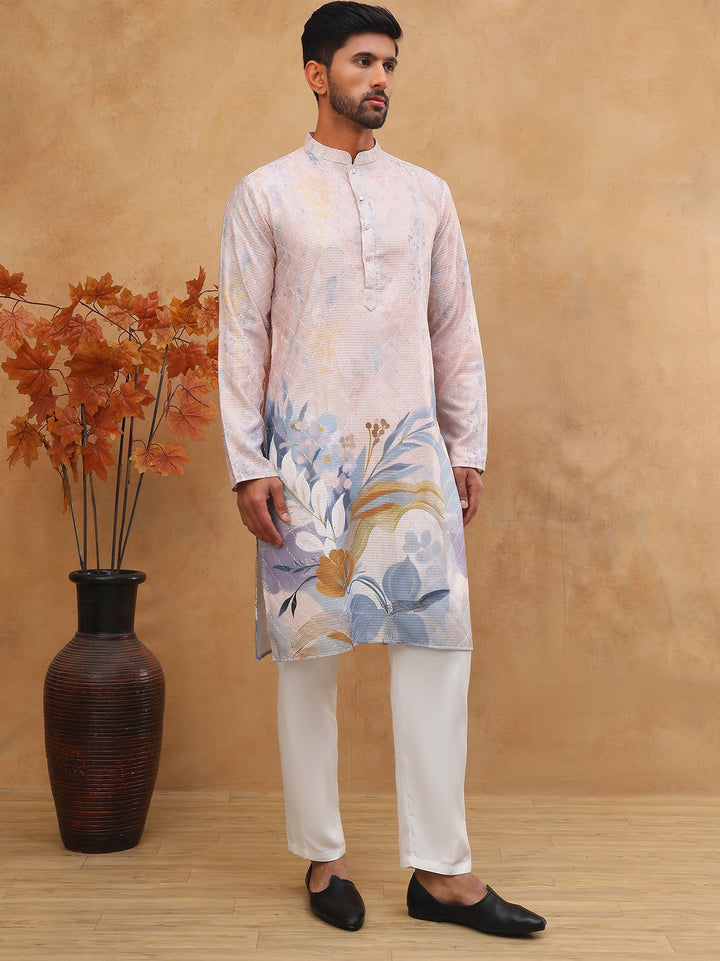 Printed Cotton Blend Kurta Pyjama With Thread Work