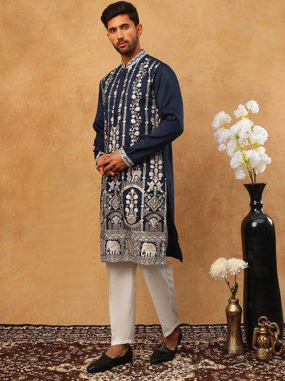 Men Silk Blend Embroidered Kurta Pyjama