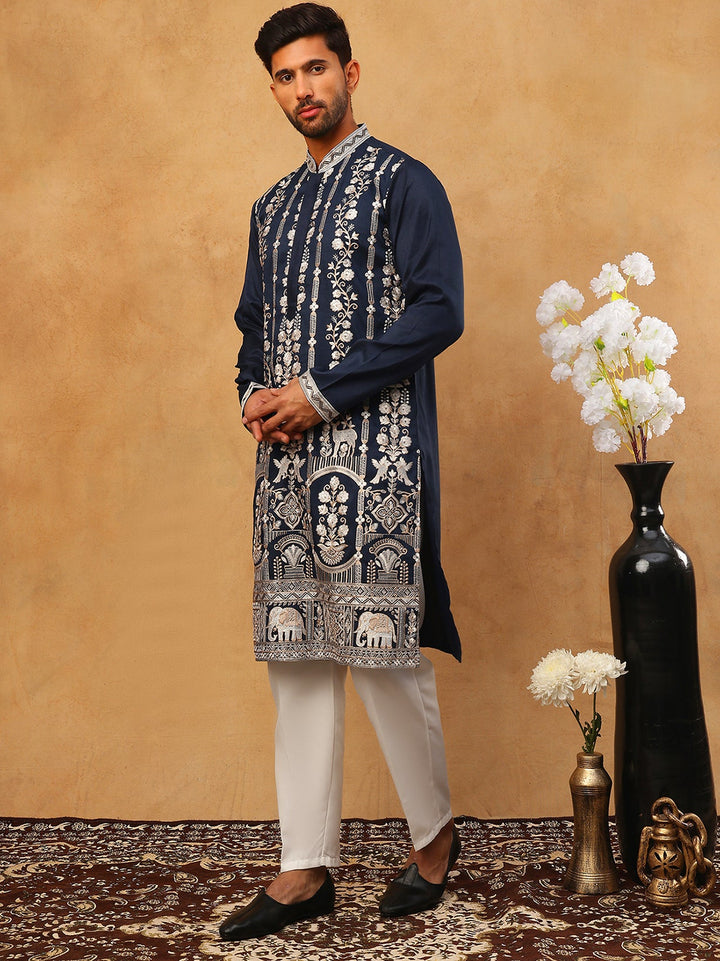 Men Silk Blend Embroidered Kurta Pyjama