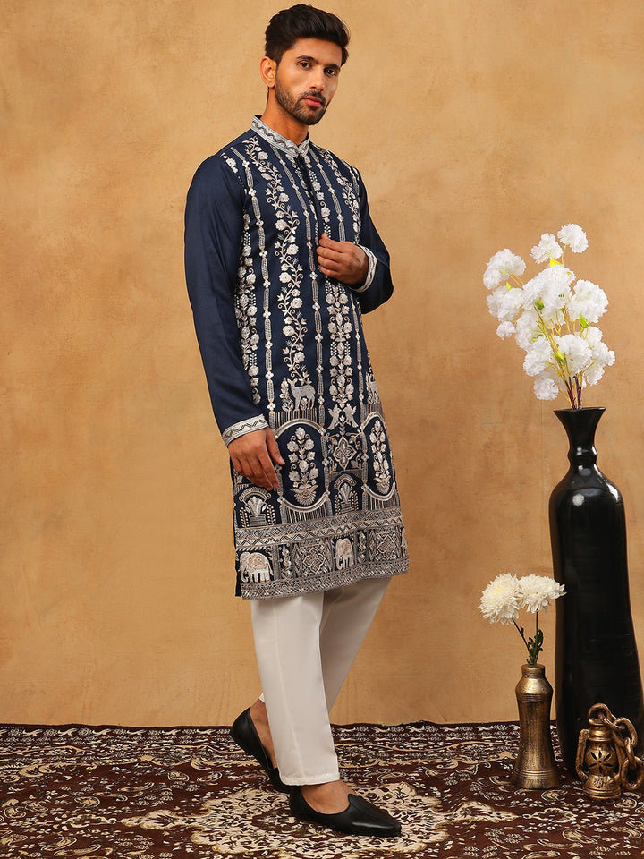 Men Silk Blend Embroidered Kurta Pyjama