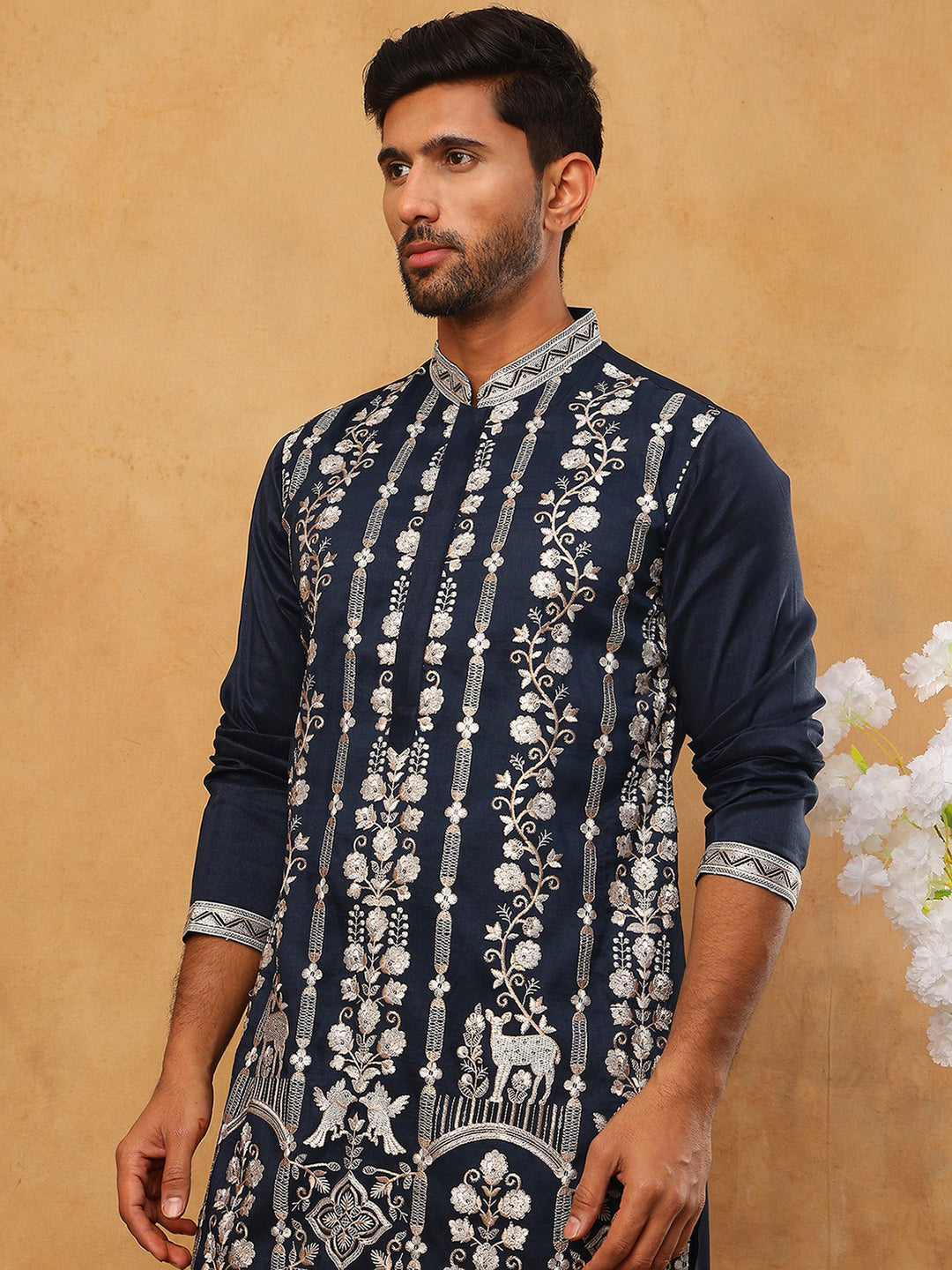 Men Silk Blend Embroidered Kurta Pyjama