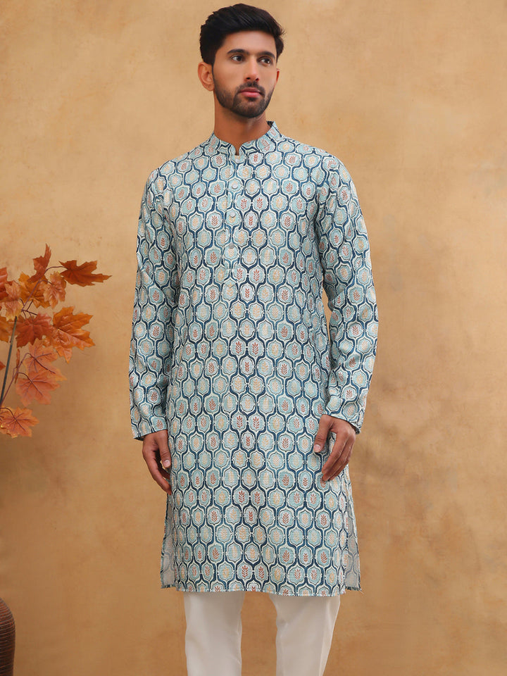 Printed Cotton Blend Kurta Pyjama With Thread Work