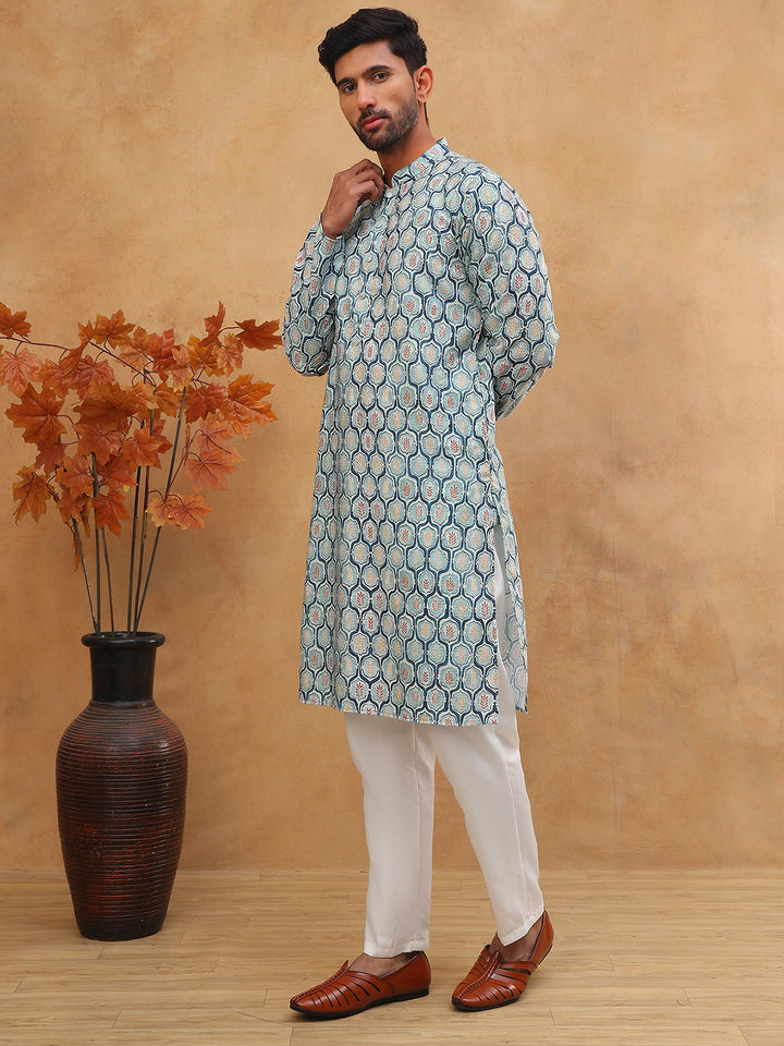 Printed Cotton Blend Kurta Pyjama With Thread Work