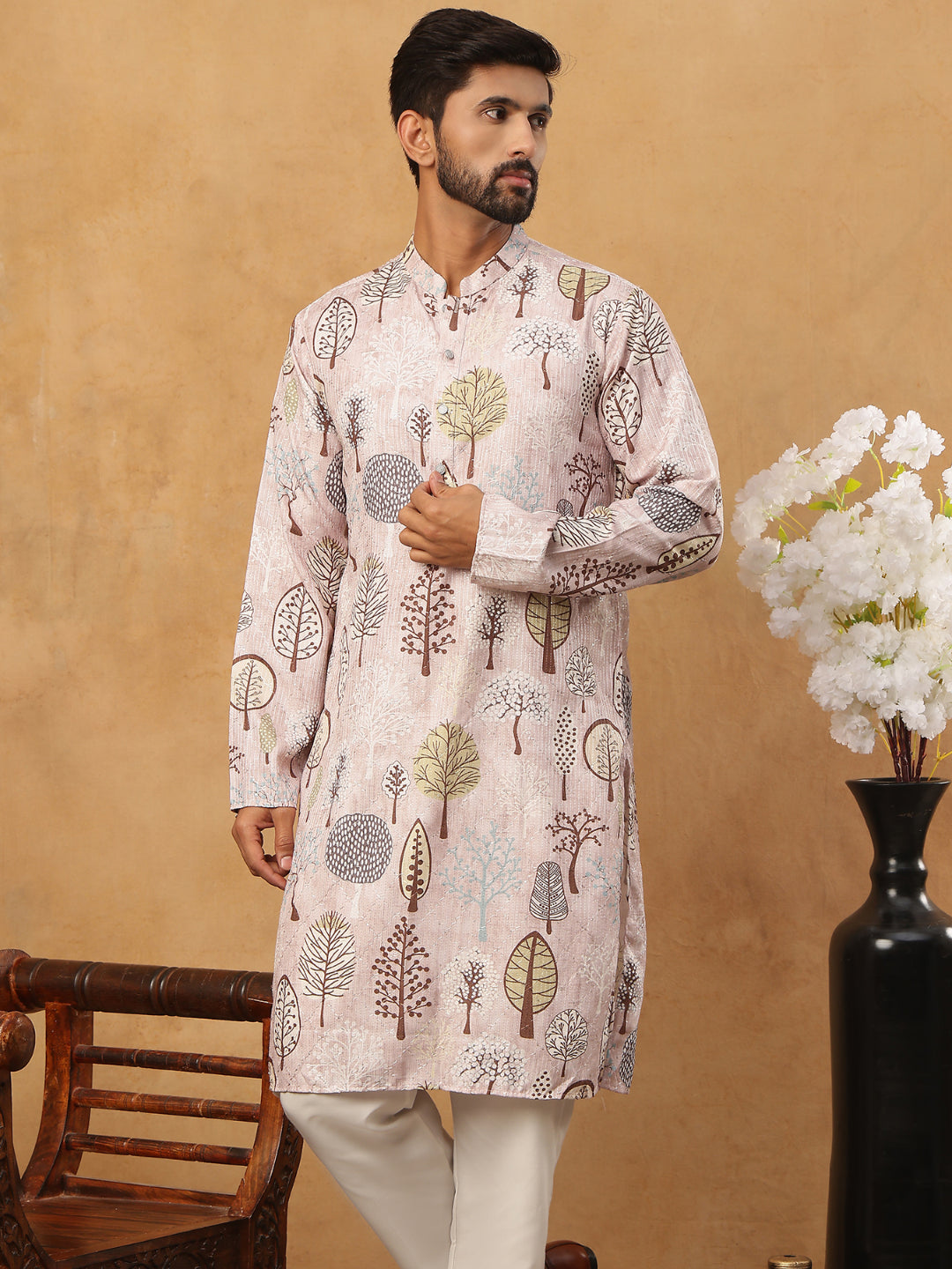 Printed Cotton Blend Kurta Pyjama With Thread Work