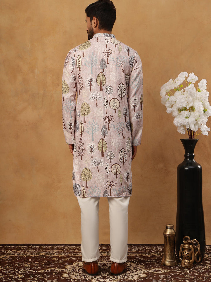 Printed Cotton Blend Kurta Pyjama With Thread Work