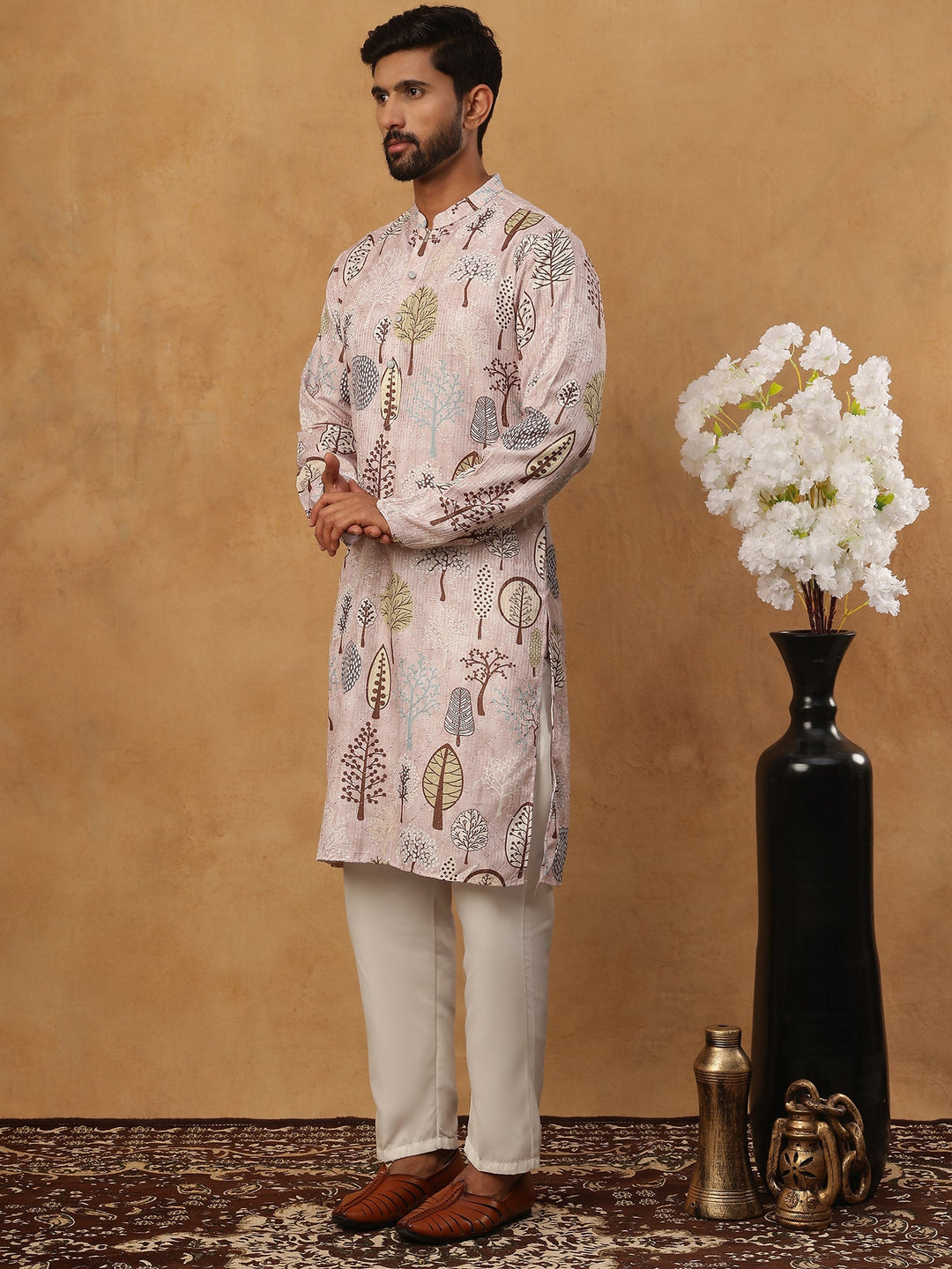Printed Cotton Blend Kurta Pyjama With Thread Work