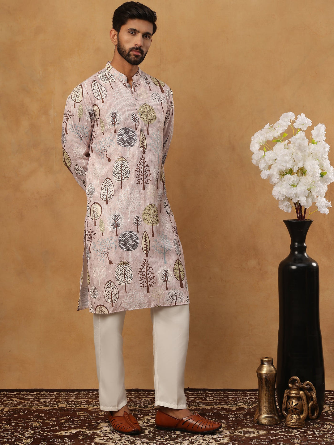 Printed Cotton Blend Kurta Pyjama With Thread Work