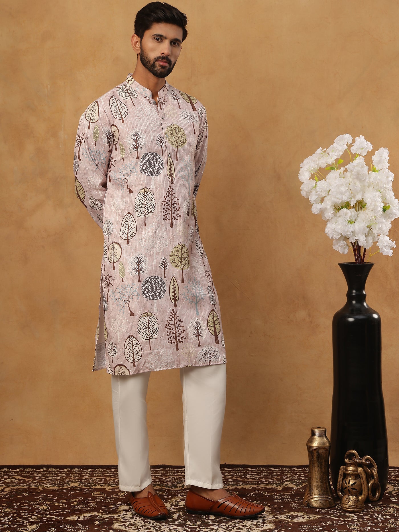 Printed Cotton Blend Kurta Pyjama With Thread Work